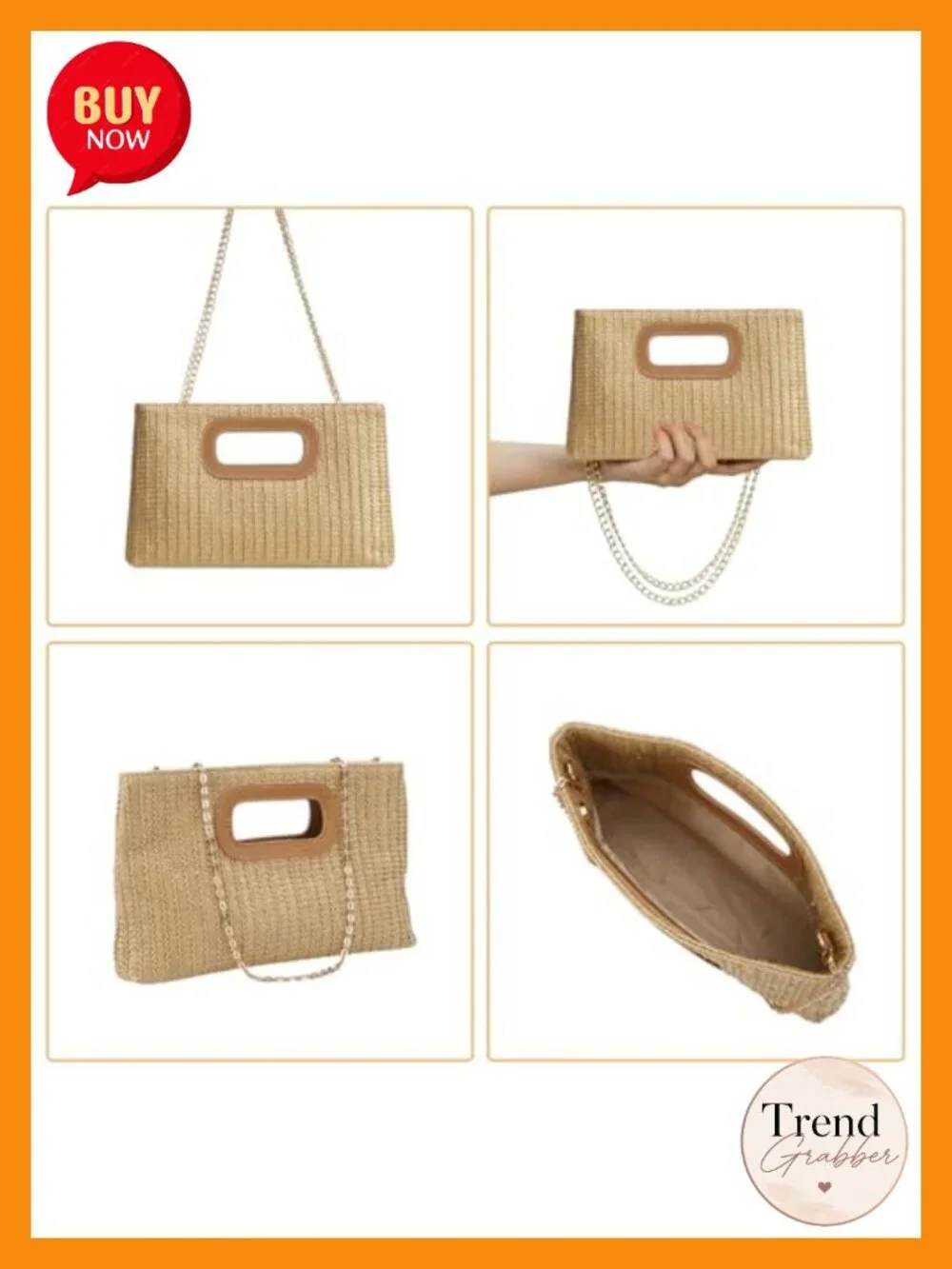 Woven Straw Purses with Metal Chain - Set of 2 Beach Bags for Women
